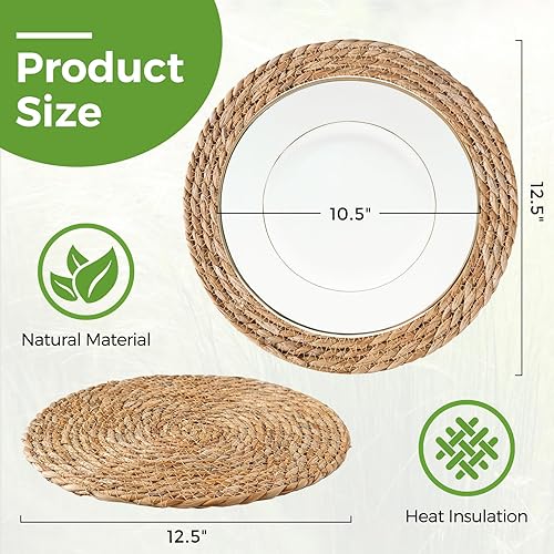 Miniatura 4 de Juego de 10 manteles individuales redondos, 12.5 pulgadas, cargadores de ratán bohemio para platos de cena, manteles individuales de jacinto de agua