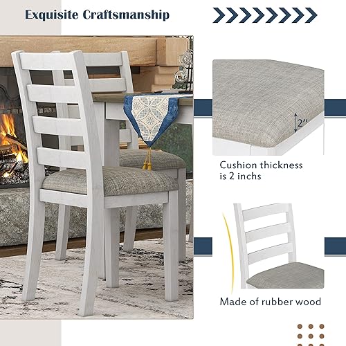 Miniatura 4 de Juego de comedor de 6 piezas de estilo rústico retro, incluye 4 sillas tapizadas, 1 mesa y un banco, para sala de juegos, sala de estar, bar en casa