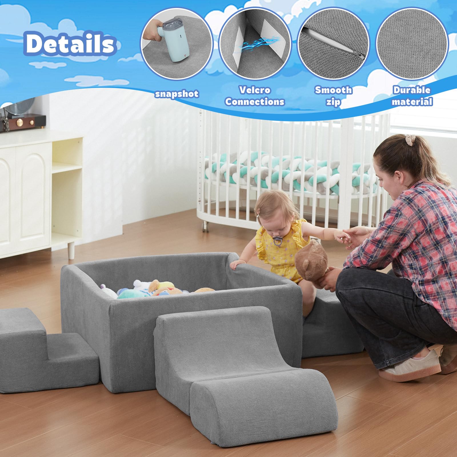 STAOLENE Soft Foam Climbing Blocks and Ball Pit 6PCS Toddler Climbing Toys Indoor Grey Soft Play Climbing for Toddler for Crawling Sliding Building(Balls not Included)