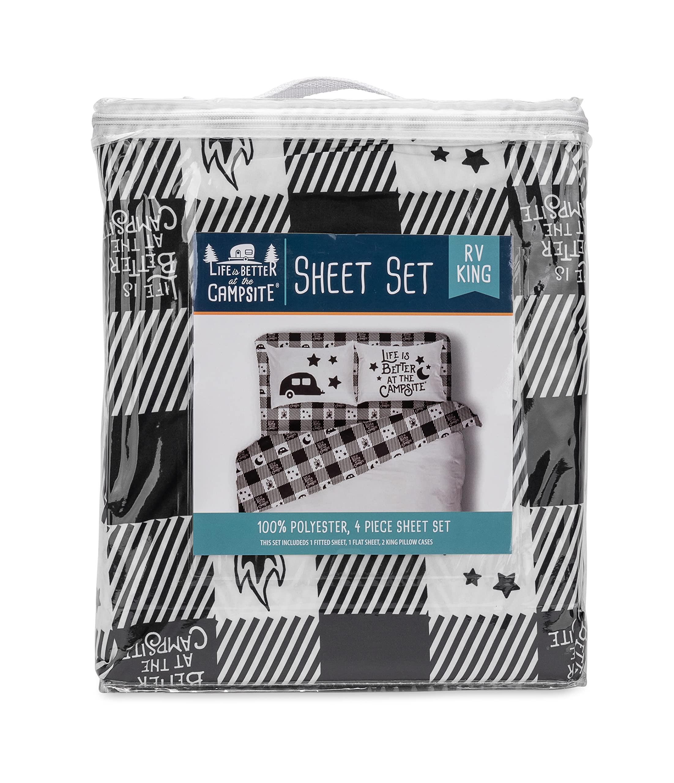 Camco Life is Better at The Campsite Bed Sheet Set | for RV King- Sized Beds | Features an RV Camping Theme on a Buffalo Plaid Pattern (53474)