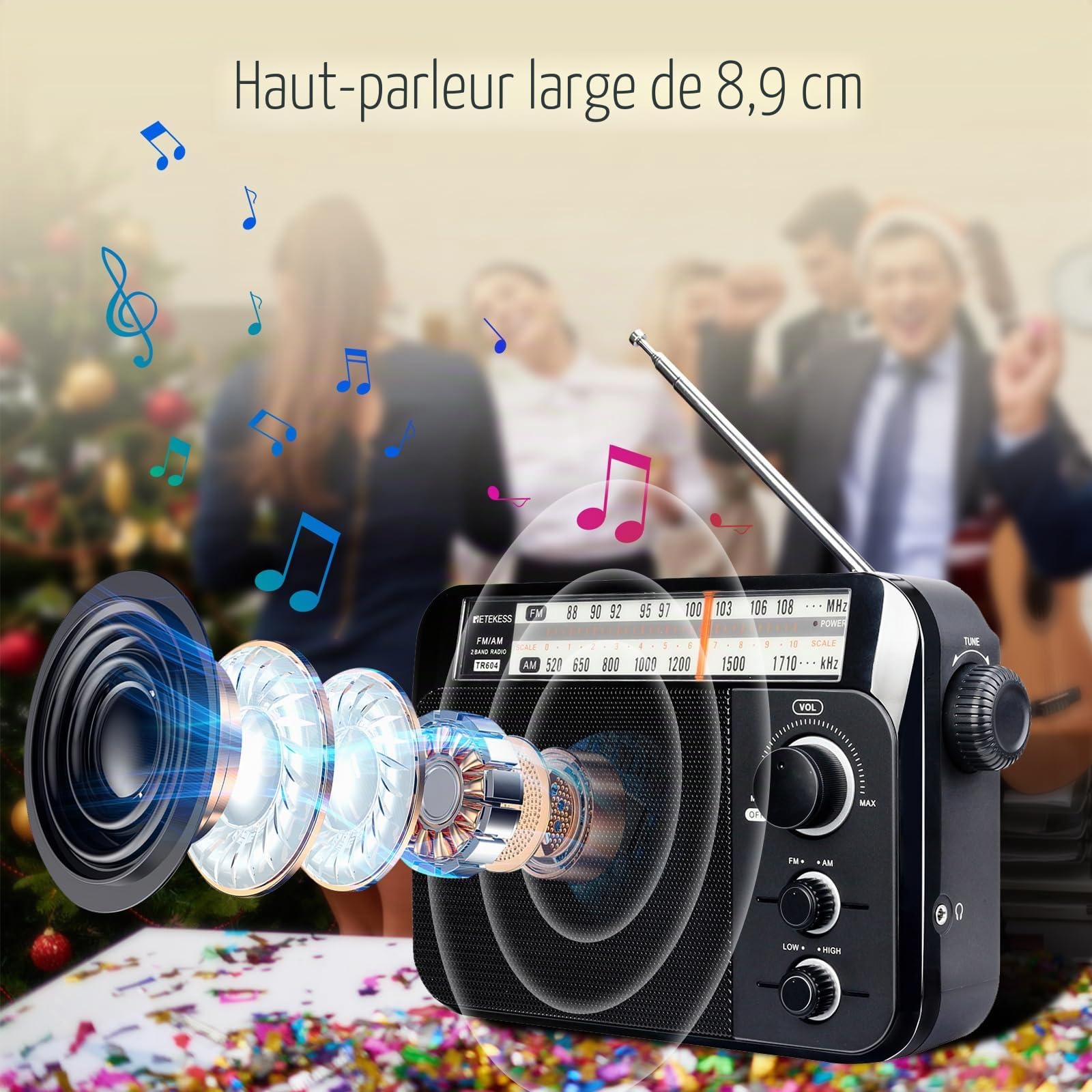 Retekess TR604 Radio Portable FM, Poste Radio Pile et Secteur, Excellente Réception Antenne, Transistor, Enceinte, Prise Casque, Grand écran,en Cadeau, pour Personnes Âgées