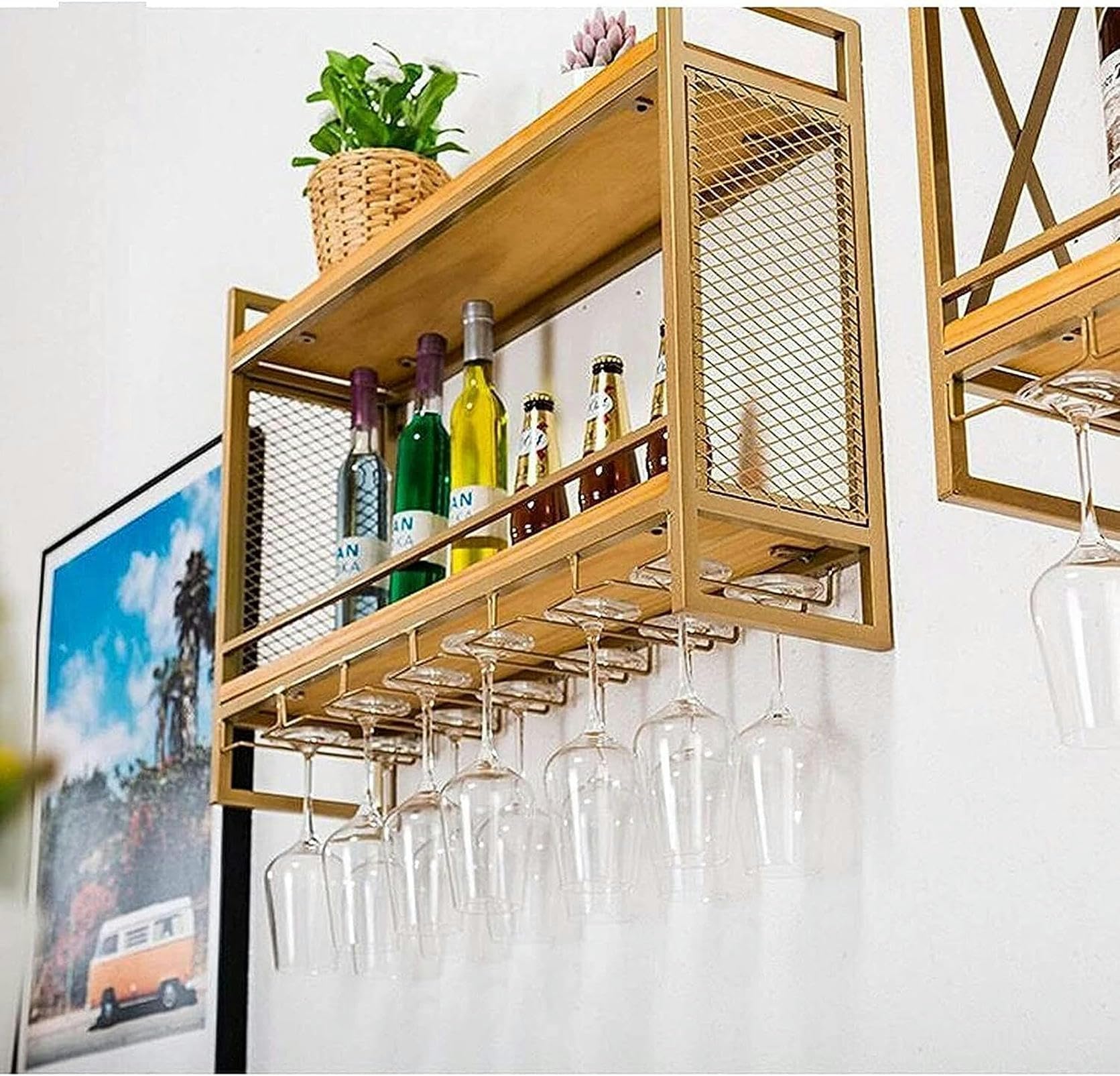 Casier à vin mural rustique doré 60x20x50 cm avec support à 6 verres à pied