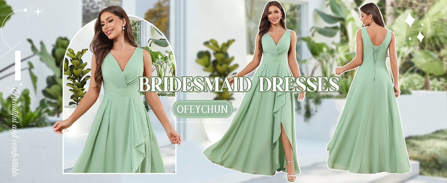 OFEYCHUN Sage Green Bridesmaid Dresses for Women Chiffon Ruched Ruffle  Formal Evening Dress with Slit Size 2 at Amazon Women's Clothing store