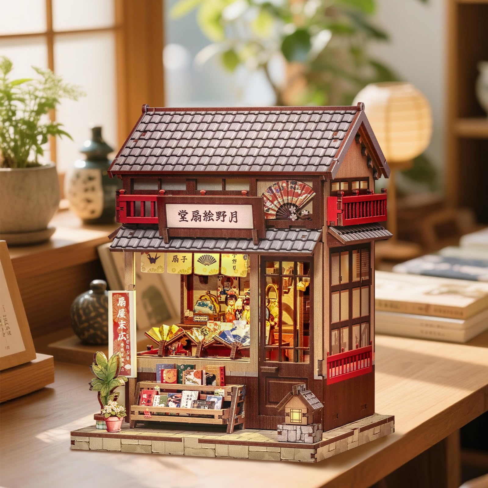 Fsolis Book Nook Japan Booknook Bausatz für Erwachsene, 3D-Holzpuzzles Buchecke, DIY-Miniaturhaus-Set, Puppenhaus, Bücherregal, Dekoration, Schreibtisch-Ornament (Tsukino Eogi-dou)
