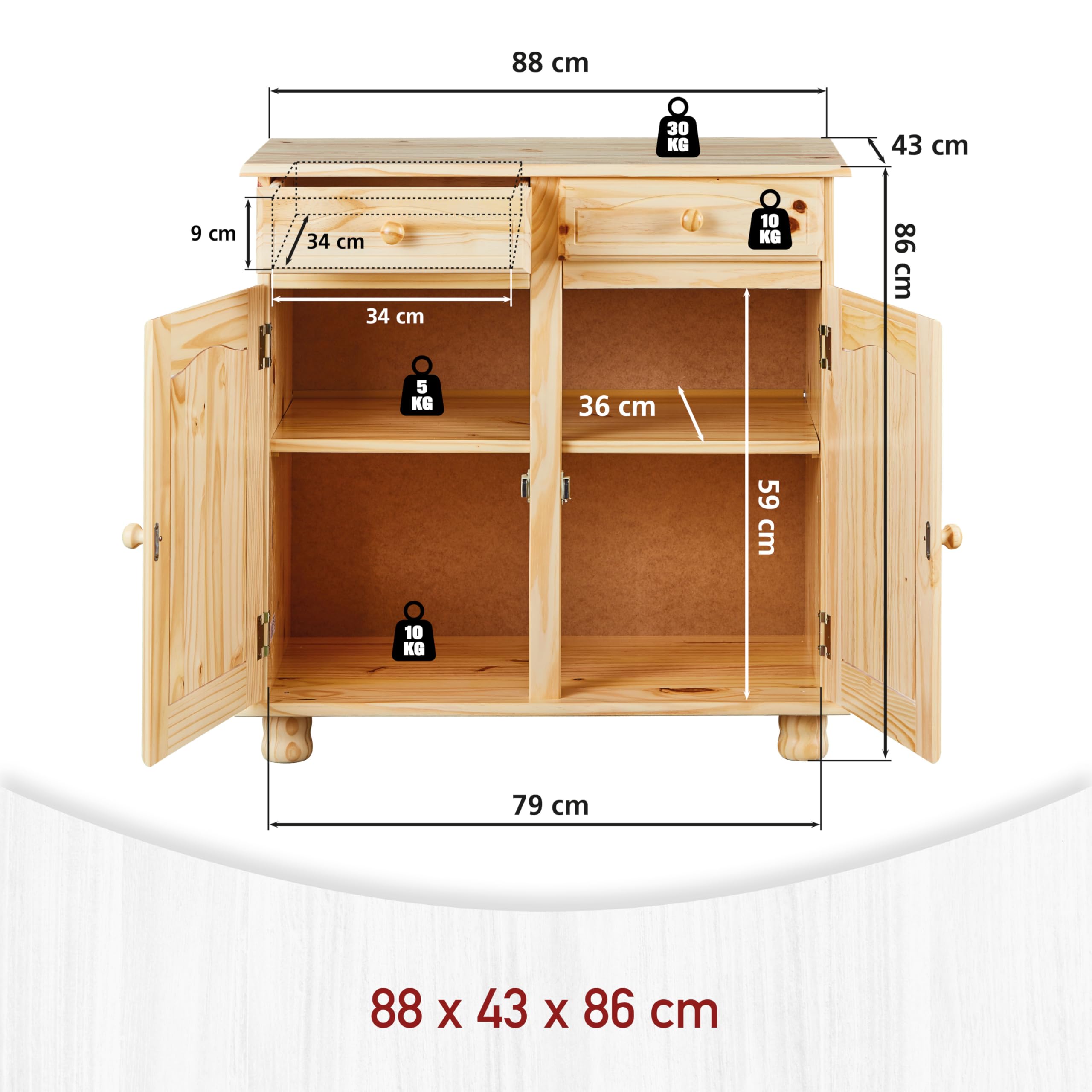 Inter Link – Landhausstil Kommode – Sideboard – Sideboard Buffet – Landhausstil – Beistellschrank - Kiefer massiv – 2 Türen – 2 Schubladen – Natur lackiert - Pamina