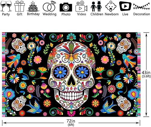 Miniatura 2 de YCUCUEI Telón de fondo de tela para el Día de los Muertos de 72 x 43 pulgadas, fiesta mexicana, calavera de azúcar, flores, fondo de fotografía Dia