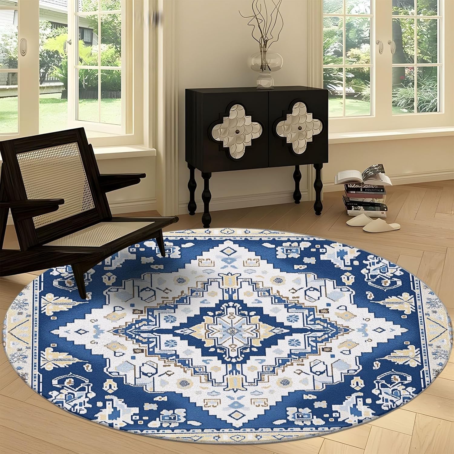 Indigo Blue Print Round Rug 7 ft, Traditional Geometric Retro Pattern Washable Circular Carpet Runner - Non Slip Circle Area Rug Carpet Absorbent Mat for Kitchen Living Room Bedroom Decoration