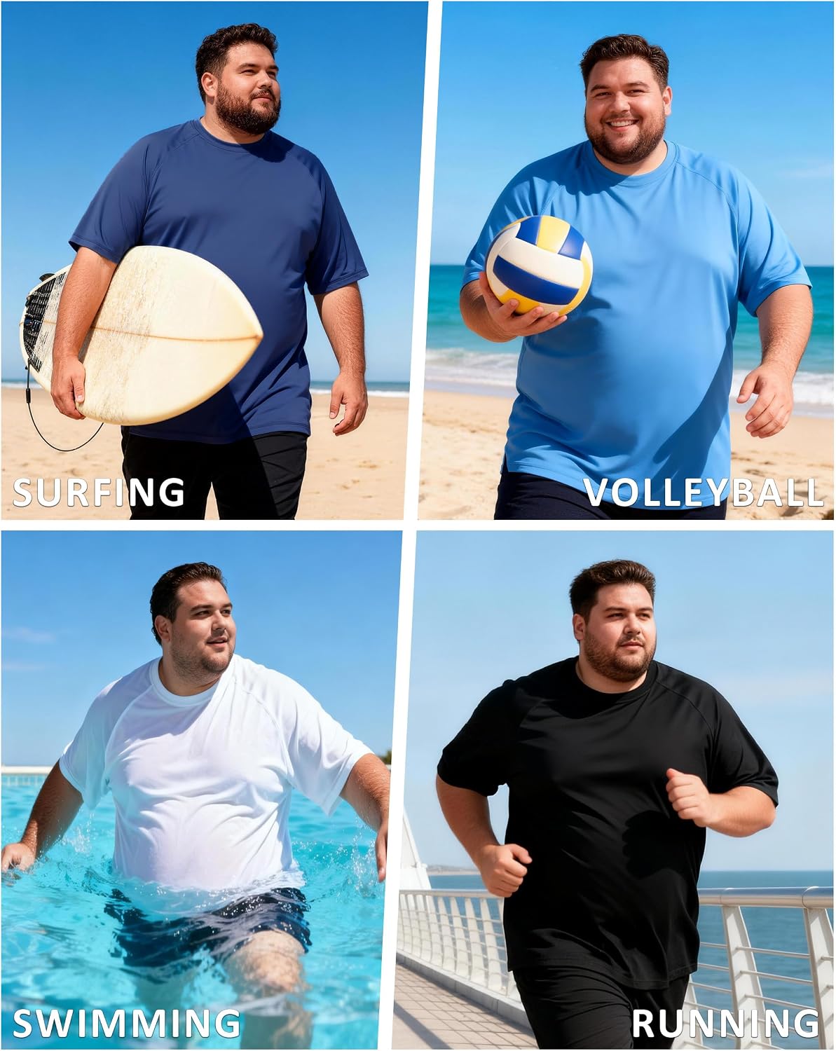 Men's Big and Tall Swim Shirts, UPF 50+ Sun Protection Short Sleeve Rash Guard, Quick Dry T-Shirt for Beach and Surfing