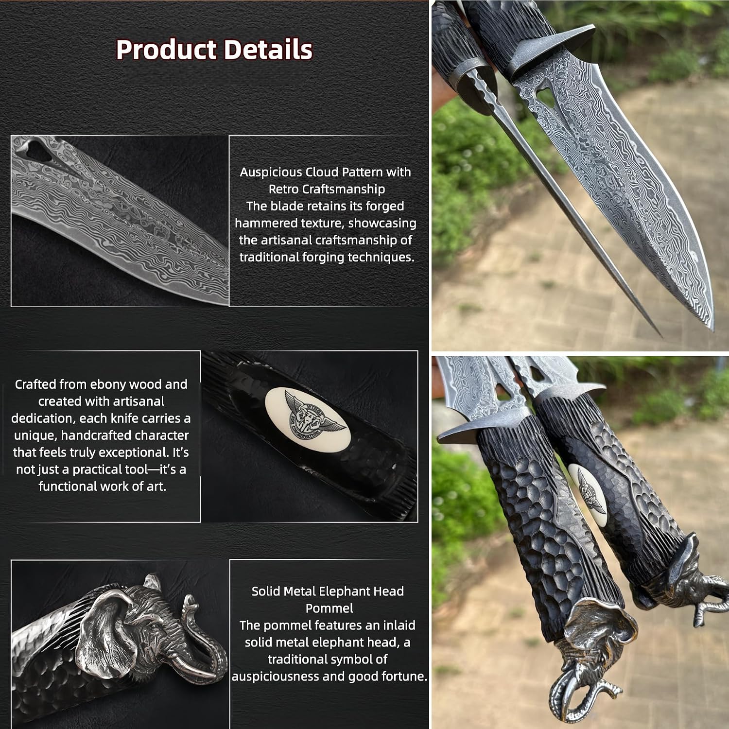 Damascus Steel Knife, HRC61, Pocket Knife for Men, Fixed Blade, Hand Forged Damascus Steel Blade, Hand-Carved, Vegetable Tanned Leather Sheath, Ebony Handle, Outdoor Gift for Dad who Loves Camping