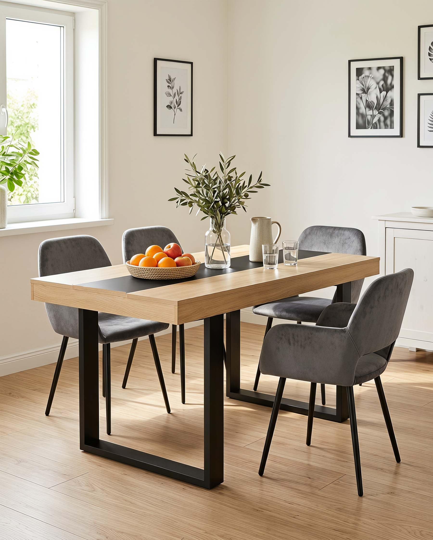Mesa de Comedor Madera Haya Mesa Cocina 4 a 6 Personas 160×80×75cm | La franja central negra y el marco grueso crean un estilo industrial mientras dos bastidores de madera en U aportan apoyo