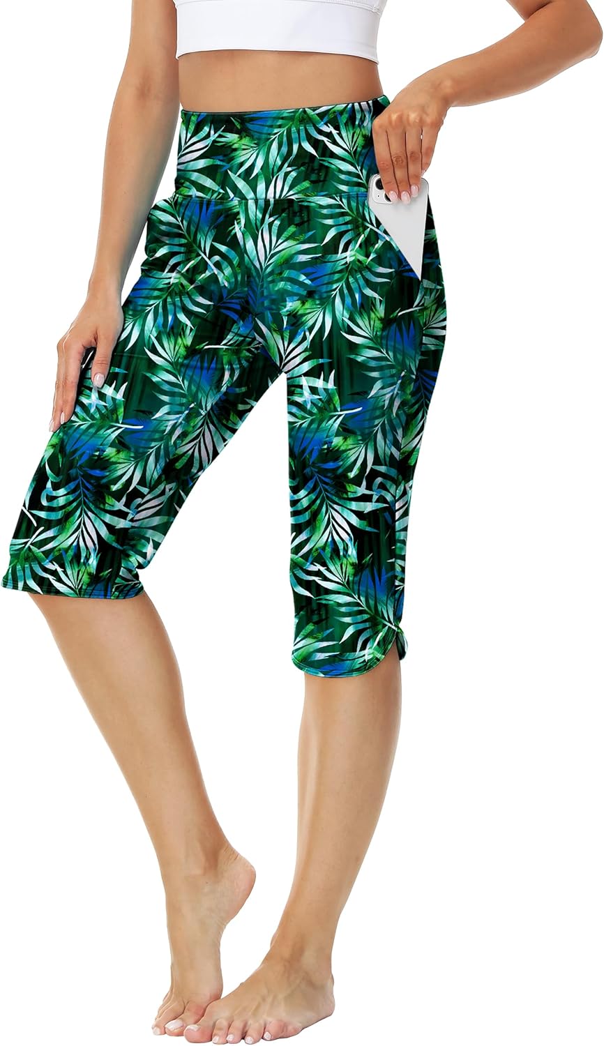 AOBUTE Womens Swim Capris Pant Sun Protection High Waisted Swimming Leggings with Pockets (No Lining)