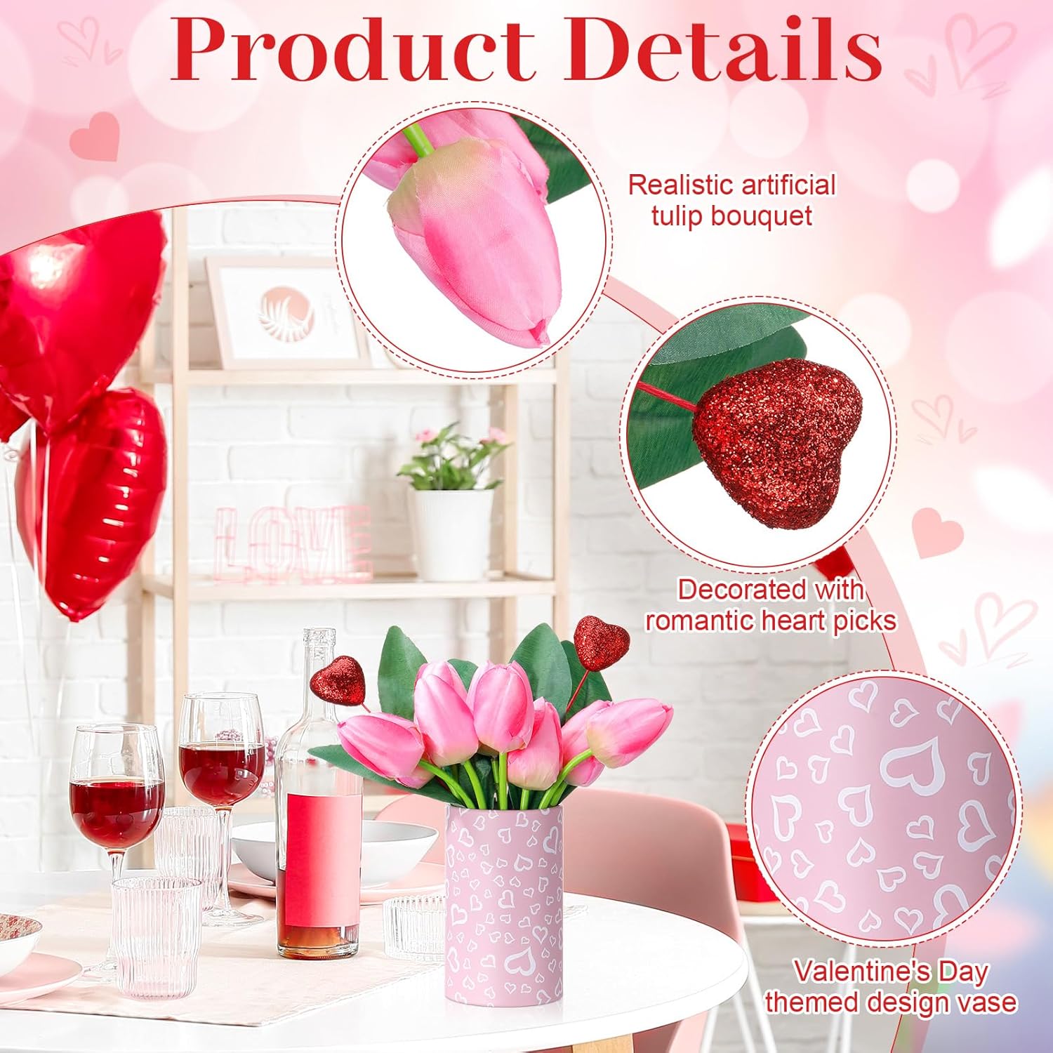 Suncalla 3 Set Mother's Day Table Centerpieces Vintage Artificial Tulips Flower Bouquet with Paper Bucket & Glitter Foam Heart Picks for Wedding Dining Room Tiered Tray Party Decor
