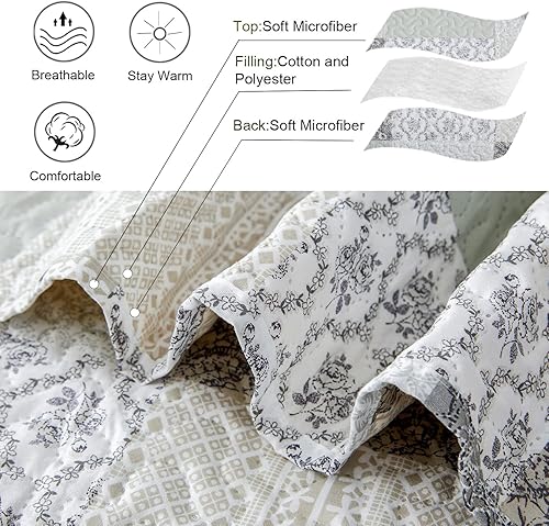 Miniatura 4 de Ycosy Juego de edredón de tamaño King, colcha floral a cuadros, colcha de retazos Morden, colcha ligera reversible para el hogar, edredón floral
