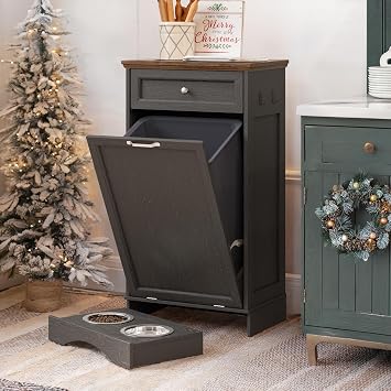 NEWOWNDS Tilt Out Trash Can Cabinet 10 Gallon Hidden Trash Garbage Can Cabinet with Drawer,Pet Proof Hidden Garbage for Kitchen,Laundry Bathroom Black - with Feeding Bowls, Single Door