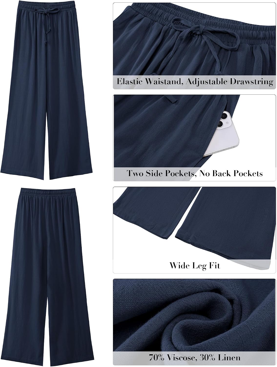 GRAPENT Wide Leg Pants Woman Linen High Waisted Pull On Flowy Casual Baggy Drawstring Palazzo Trousers Pants Resort Wear