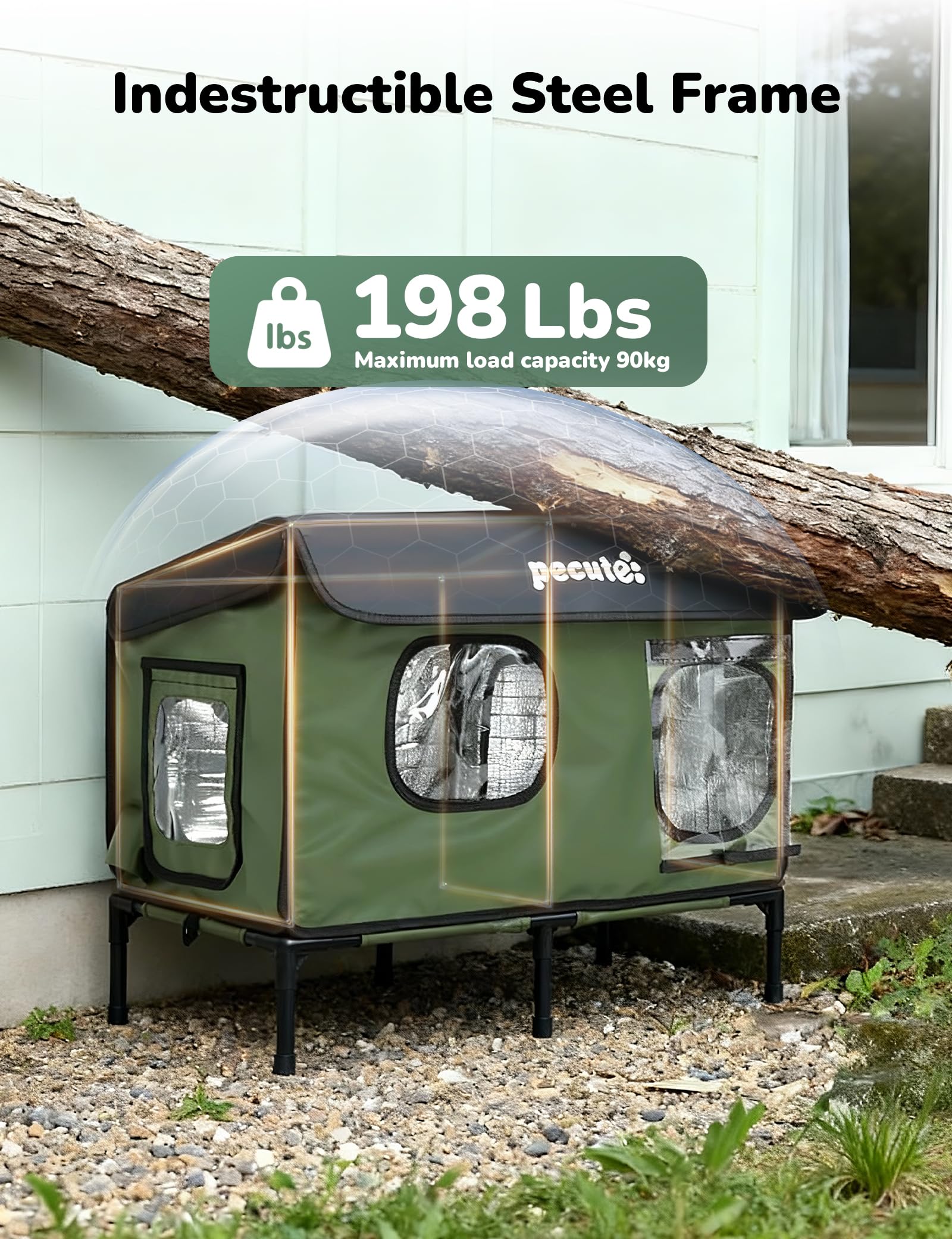 pecute Cuccia Gatto Esterno con Tappetino Riscaldante Mamma gatta, Casetta Gatto Esterno Impermeabile, Porta di Fuga Sicura, Robusto, Facile da Installare, Tettoia Laterale Estesa, Base Rialzata, L