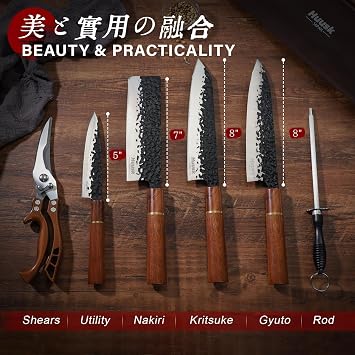 Huusk Japanese Knife Set 6pcs with Covers - Professional Chef Knife Set with Bag & Sharpener, High Carbon Steel Forged Knives Sets with Scissors, Japanese Kitchen Knives Sets, Christmas Gifts for Men
