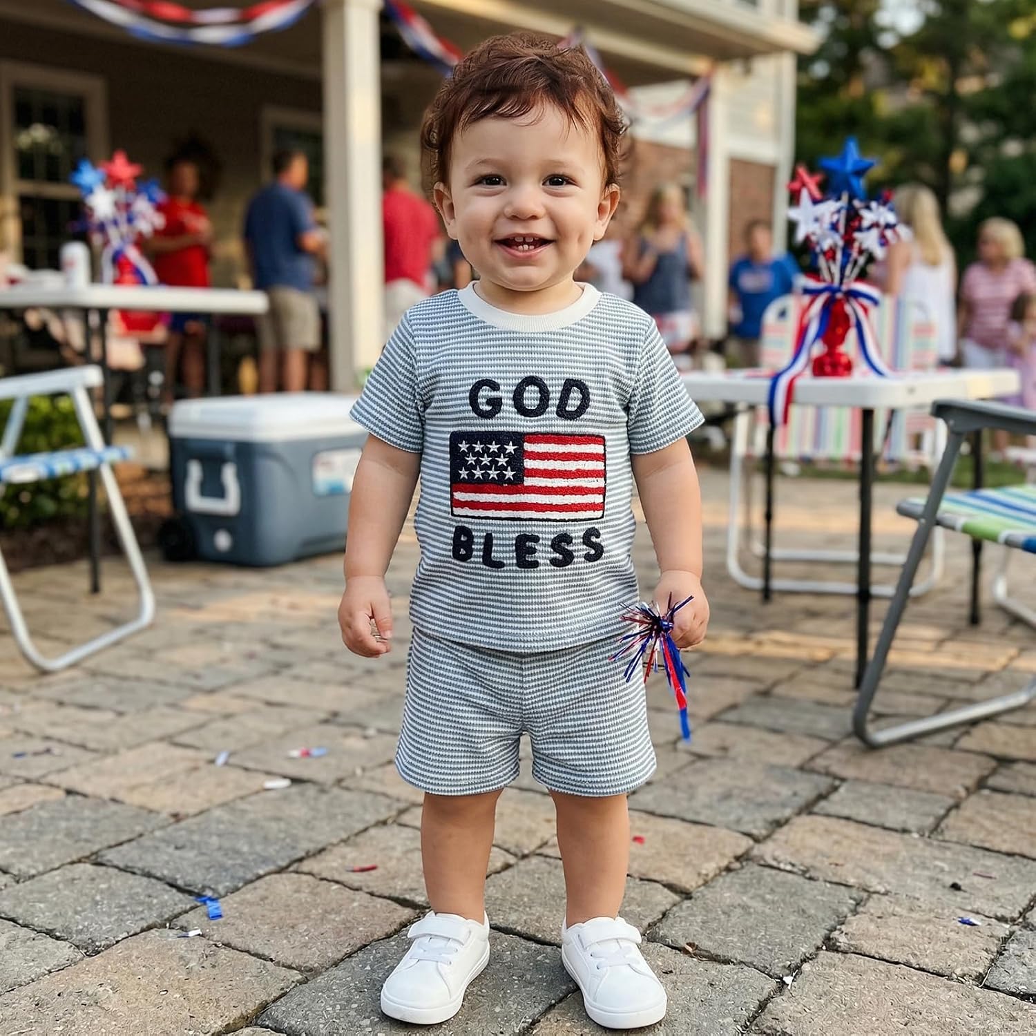 Toddler Baby Boy 4th of July Outfits Lettered Flag Embroidery Striped Short Sleeves T-Shirt Shorts Set Clothes