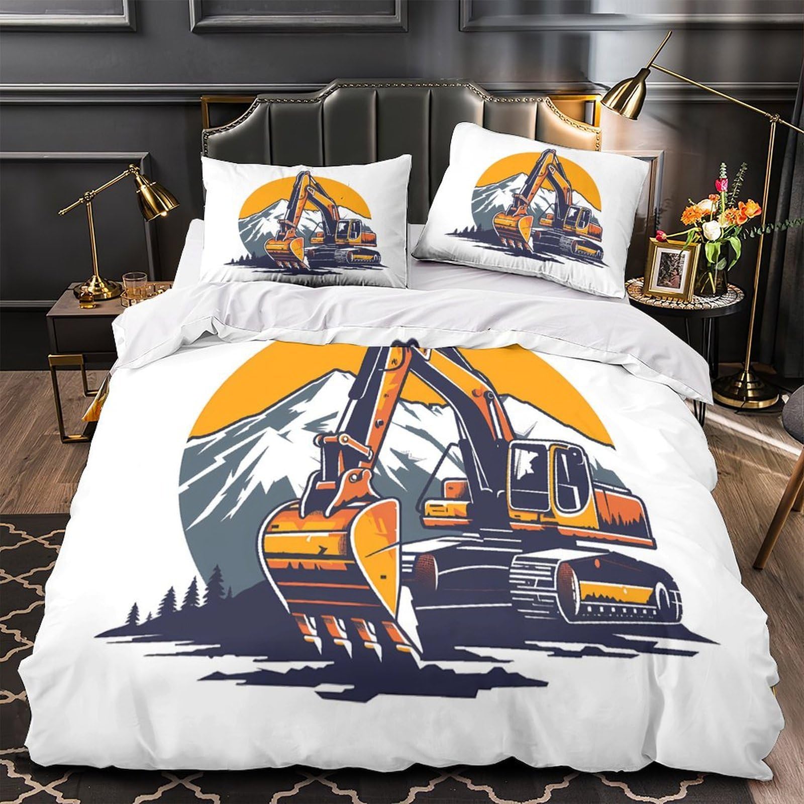Baggermaschine 3-teiliges Pflegeleichtes Polyester industrielle Illustration Stil Kinderbettwäscheset, 2 Kissenbezug, Unsichtbarer Reißverschluss, Babysicher & Gifffrei King（220x240cm）