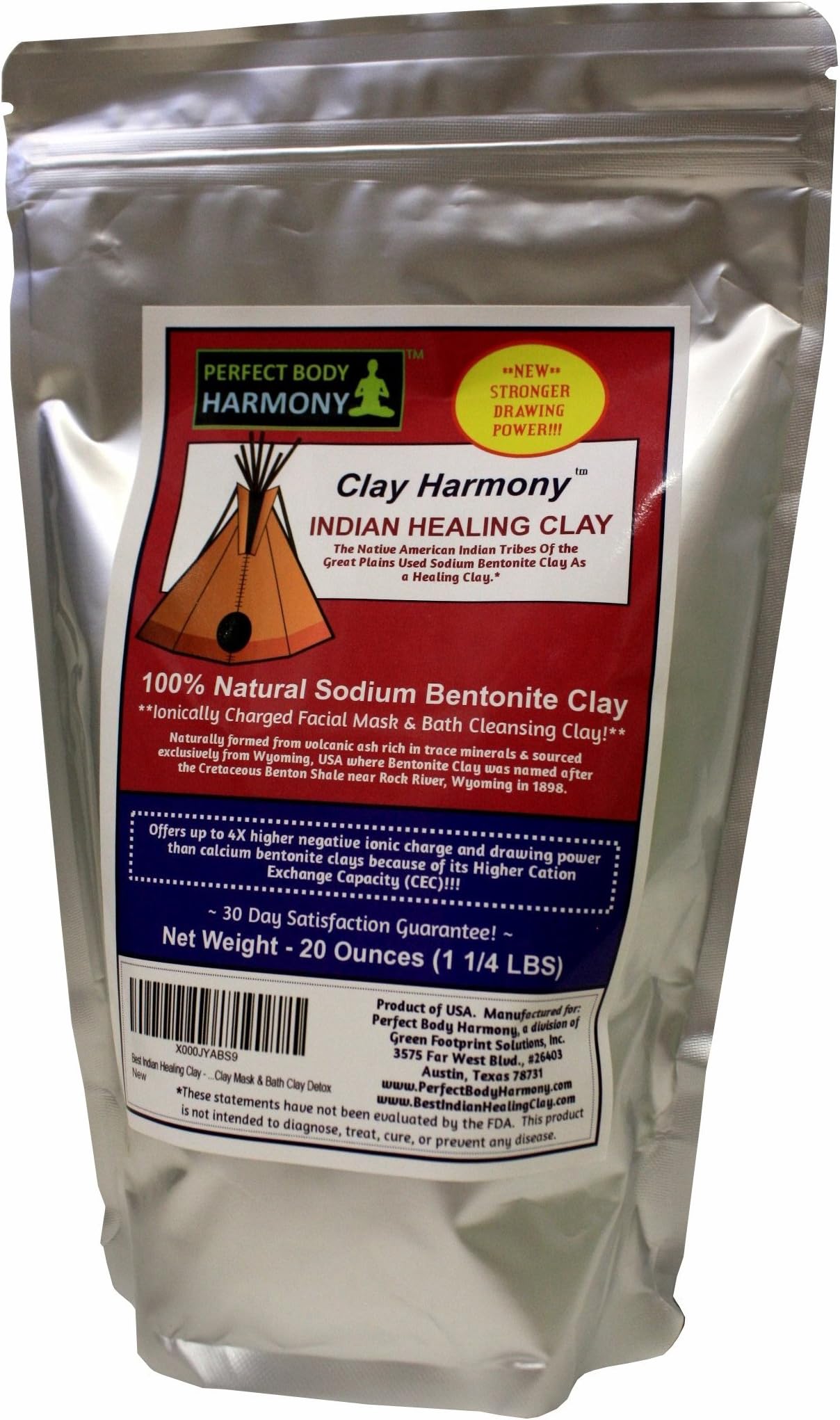 CLAY HARMONY 20 OZ Best Indian Healing Clay Sodium Bentonite (Stronger than Calcium Bentonite!) Use For Facial Masks, Bath, Foot Baths, Wraps, & Poultices! Aztec Tribes Used Clay As Secret Detox!
