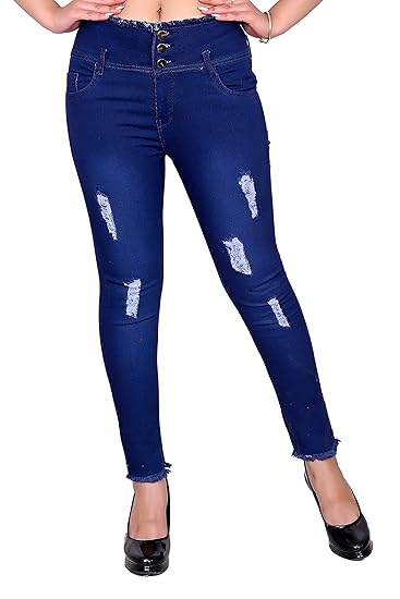 Beauty Solid Denim 3 Button High Waist Rugged Slim Fit Stretchable Jeans for Womens| High Waist Distressed Denim