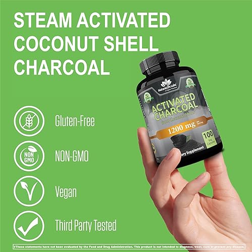 Miniatura 3 de NaturaLife Labs Carbón activado 1200 mg por porción - de cáscaras de coco - 100 cápsulas vegetales - Sin OMG, sin gluten, vegano