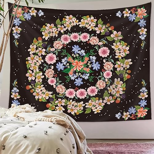 Naykow Tapiz bohemio floral con mandala para techo, color negro, coqueta femenina, tapiz bohemio para dormitorio, tapiz estético para colgar en la disponible en Yaxa Venezuela