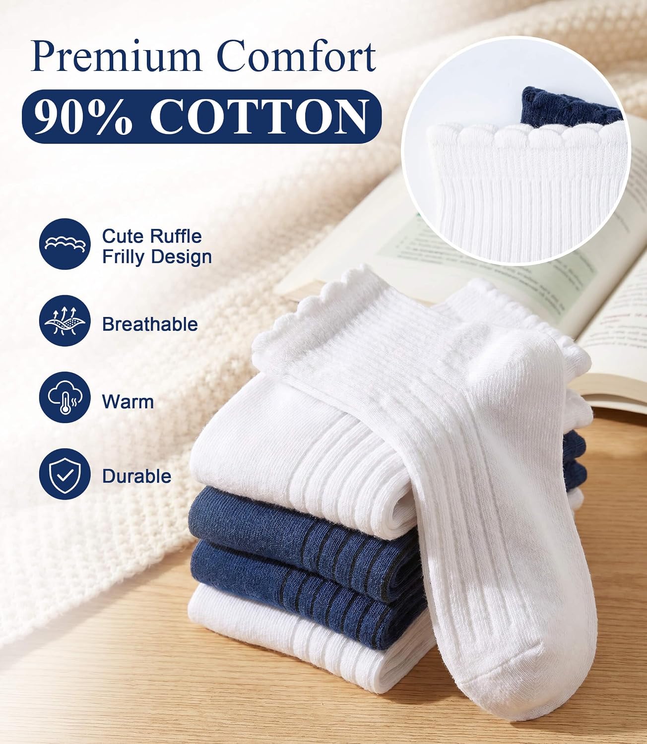 12 Pairs Girls White Ruffle Socks Kids School Uniform Dress Cotton Crew Ankle Socks Size 2-12 Years