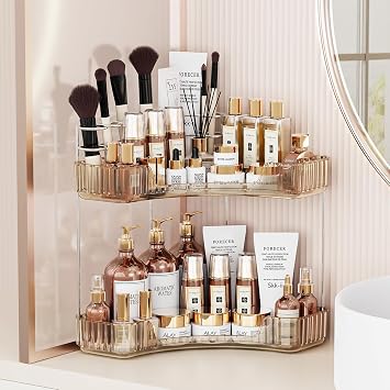 Asayuee 2-Tier Corner Bathroom Counter Organizer with Top Toothbrush Holders,Large Makeup Organizer Countertop with Brush Holder,Skincare Organizers Corner,Exquisite Vanity Organizer Gold, 2 Tier