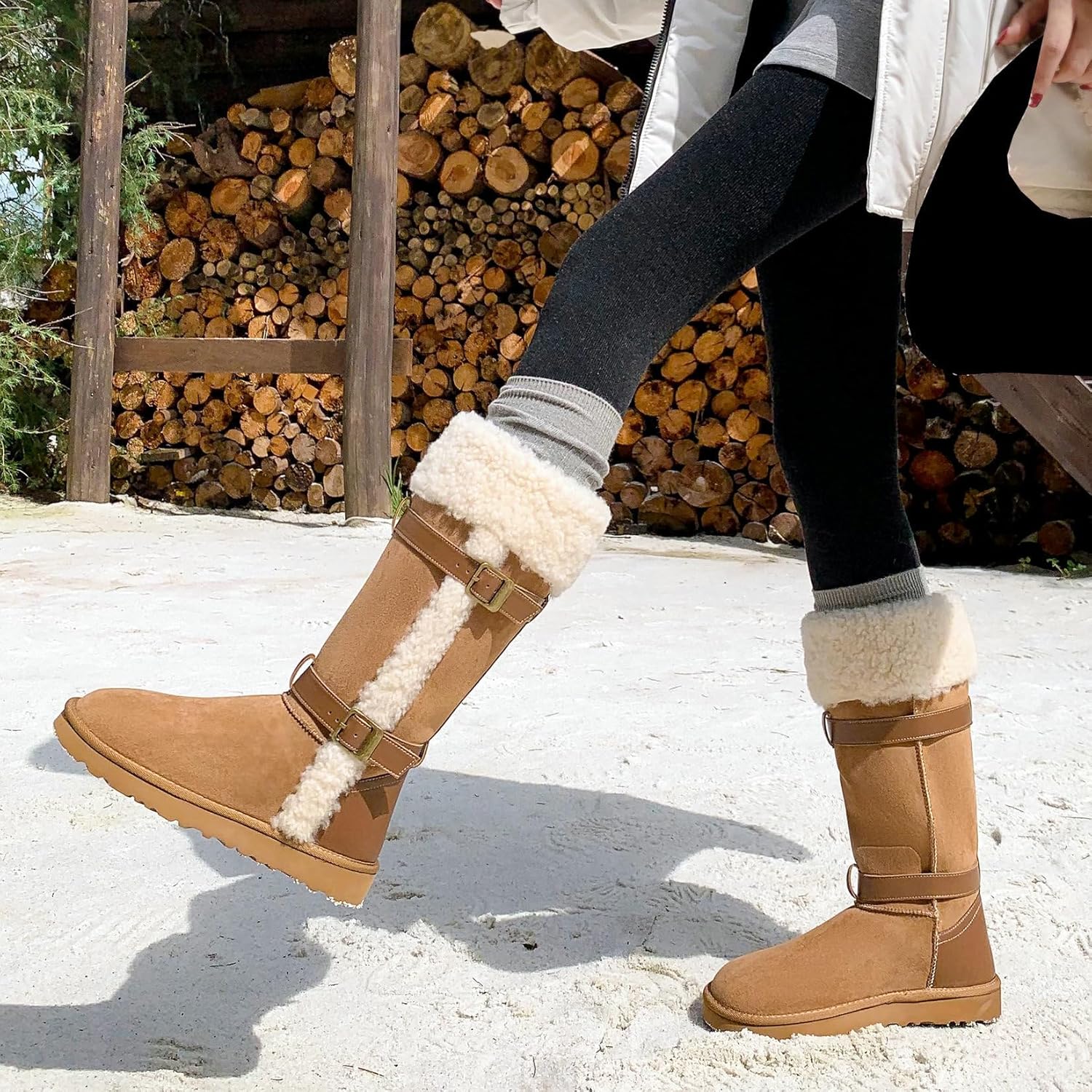 Trendenzy Womens Knee High Faux Fur Snow Boots Furry Fluffy Fuzzy Round Toe Warm Winter Boots Pull On Tall Boot with Buckle