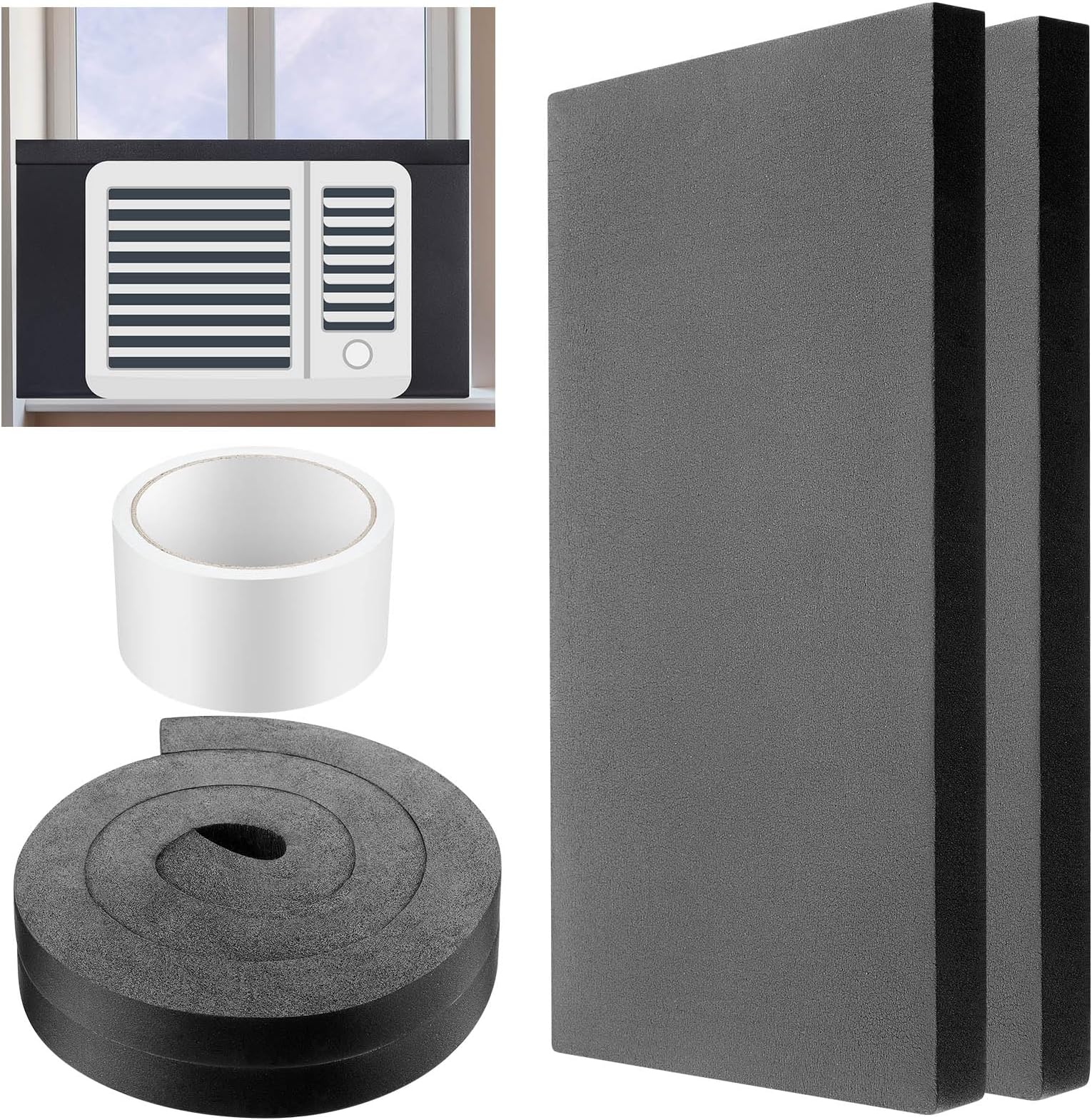 Pangda2 Pcs 17 x 9 x 7/8 Inch Window Air Conditioner Insulated Foam Panels Insulation Winter AC Side Surround Panels Kit Air Conditioner Accessories Window with Top Seal Strip for Indoor (Black)