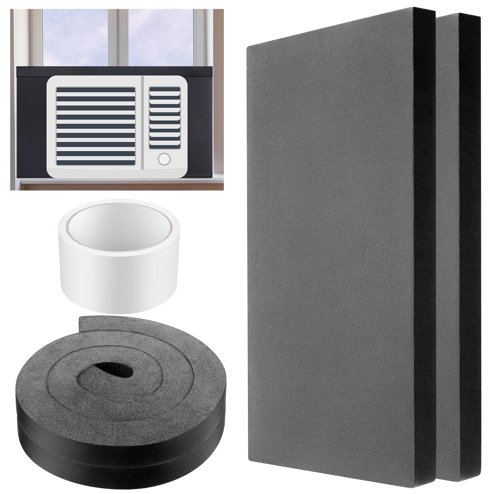 Pangda2 Pcs 17 x 9 x 7/8 Inch Window Air Conditioner Insulated Foam Panels Insulation Winter AC Side Surround Panels Kit Air Conditioner Accessories Window with Top Seal Strip for Indoor (Black)