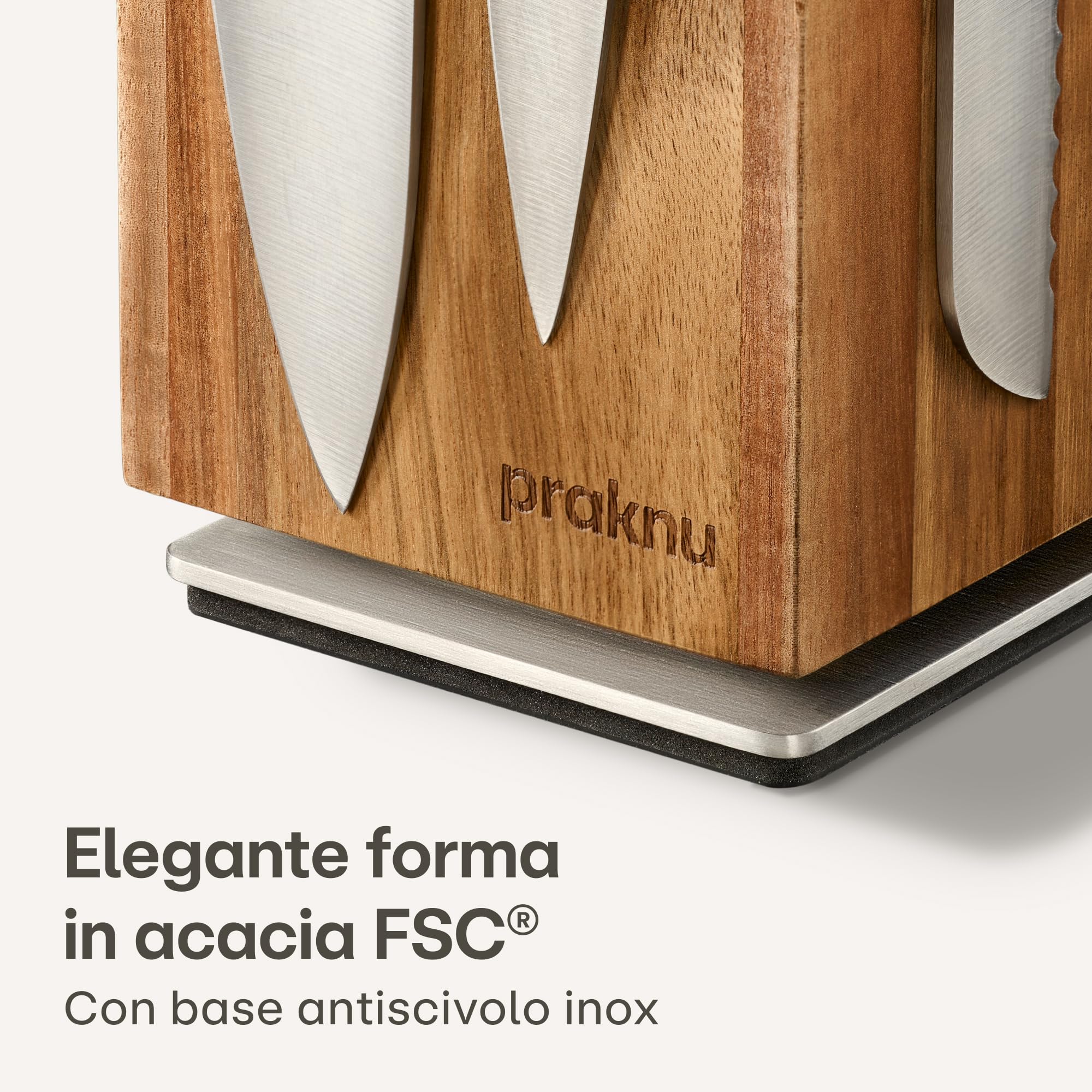 Praknu Ceppo Coltelli Magnetico - Girevole 360° Senza Coltelli - FSC® Legno di Acacia con Spazio per Utensili da Cucina - Forte Magnete su Entrambi i Lati - Antiscivolo