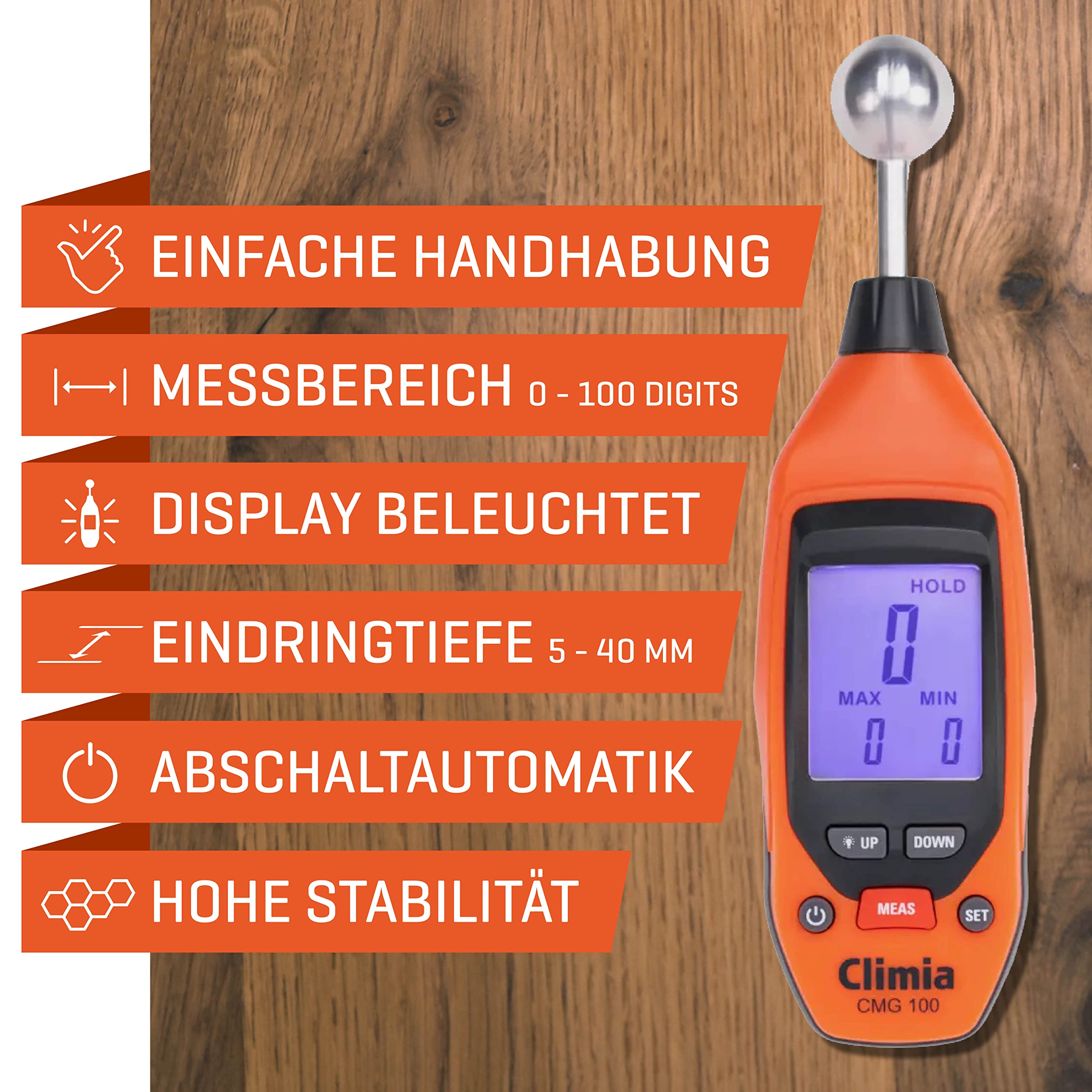 Climia CMG100 - Medidor de humedad para pared, 5-40 mm de profundidad de análisis, medidor de humedad con hasta 50 horas de duración de la batería, fácil de usar, pantalla LED iluminada
