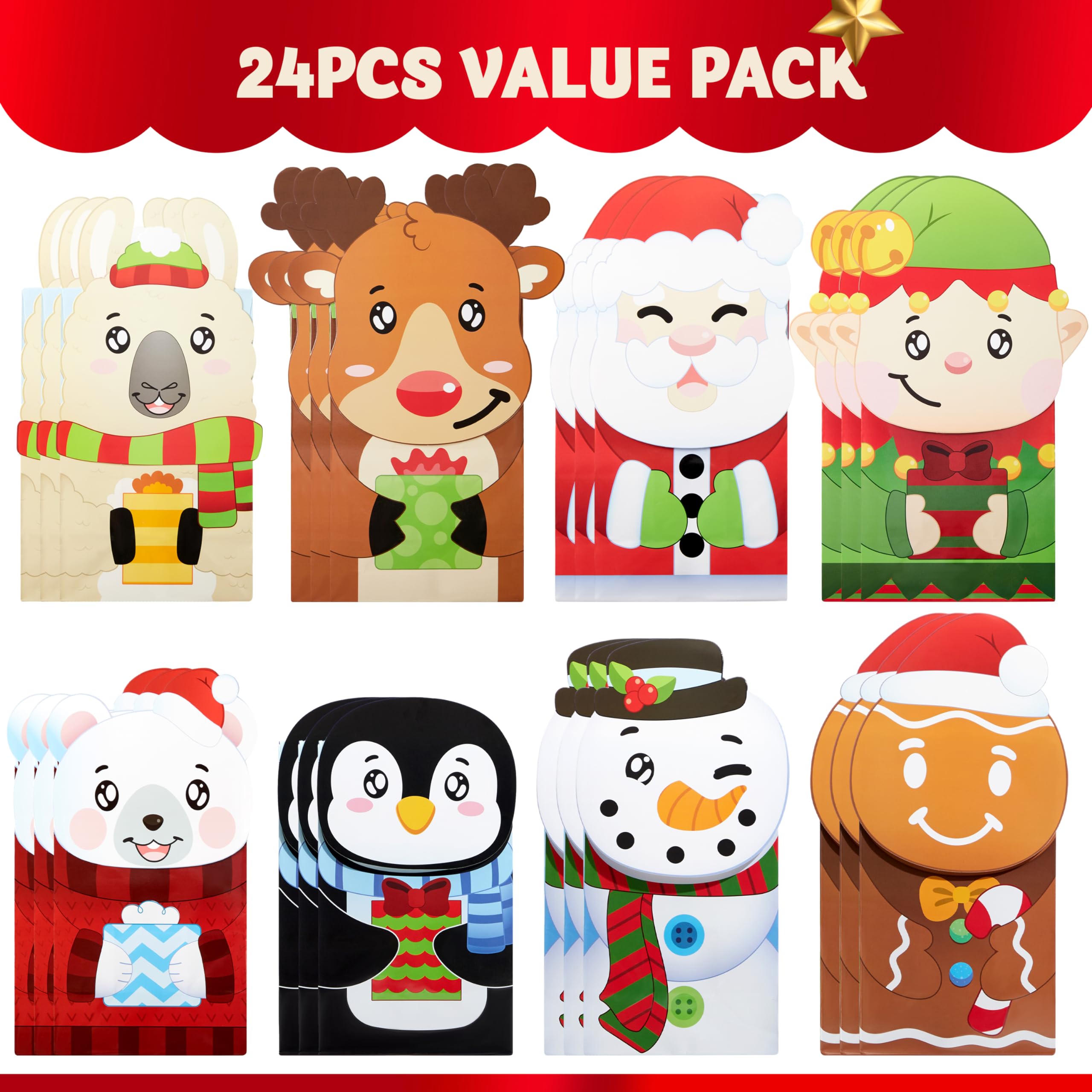 JOYIN 24 Weihnachts-Geschenktüten zum Aufklappen für Feiertage, Partys, Gebäck, Cupcakes, Kekse, Süßigkeiten, Brownies, Donuts, Weihnachtsgeschenkbeutel