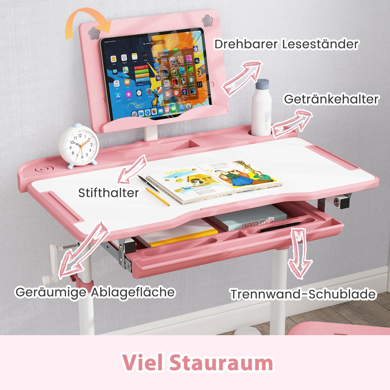 COSTWAY Schreibtisch Kinder mit Stuhl, Kinderschreibtisch höhenverstellbar mit neigbarer Tischplatte, Jugendschreibtisch mit Schublade & Buchständer für Jungen & Mädchen ab 3 Jahren (Rosa)
