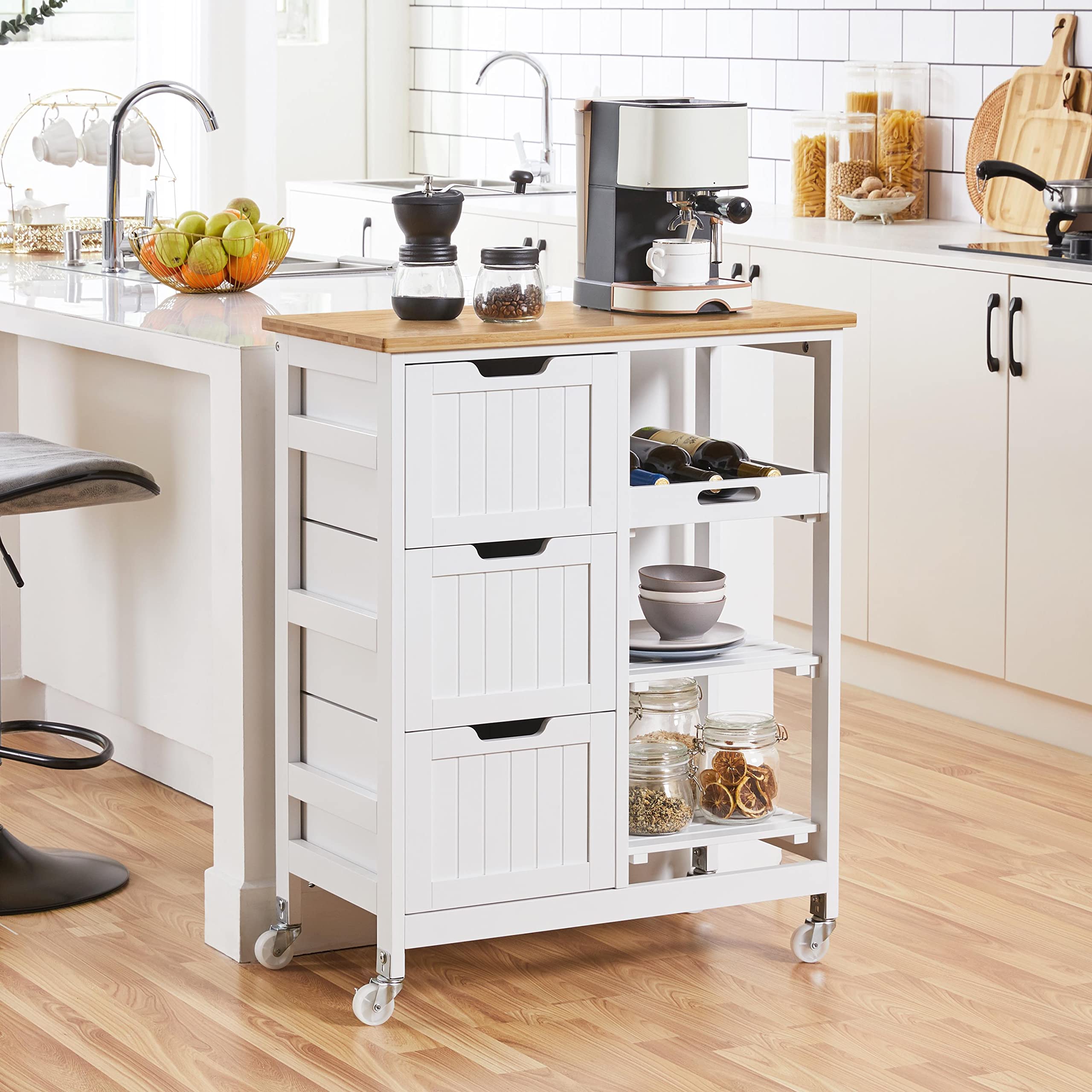 Yaheetech Carro de Cocina 4 Ruedas Carro de Almacenamiento con 3 Cajones y 3 Estantes Carrito de Servicio de Madera Blanco 67 x 37 x 84,5 cm