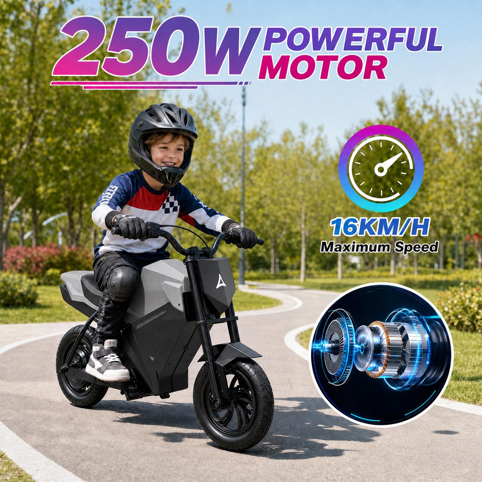 Elektro Motorrad Kinder 250W Motor 21.6V 4AH (Silber) | 8/16 km/h 10 Meilen Reichweite 12.5" Luftreifen Moto Cross für Kinder ab 110 cm Körpergröße