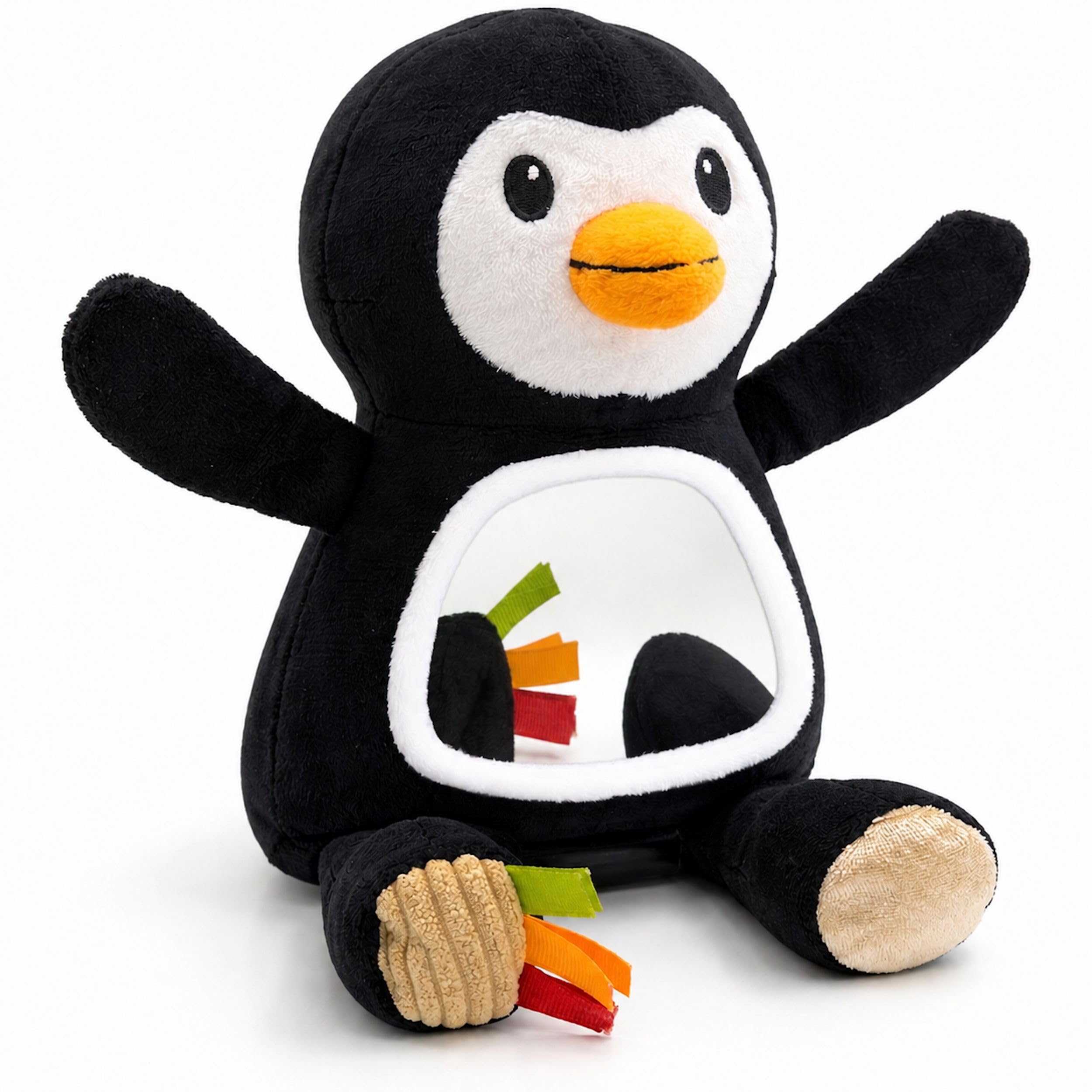 Baby Tummy Time Sensory Mirror - Penguin Newborn Tummy Time Toys Featuring Mirror, Crinkle and Bell Sounds, Textures and Ribbons - Plush Penguin Baby Sensory Toys 0 6 Months for Prams and Car Seats