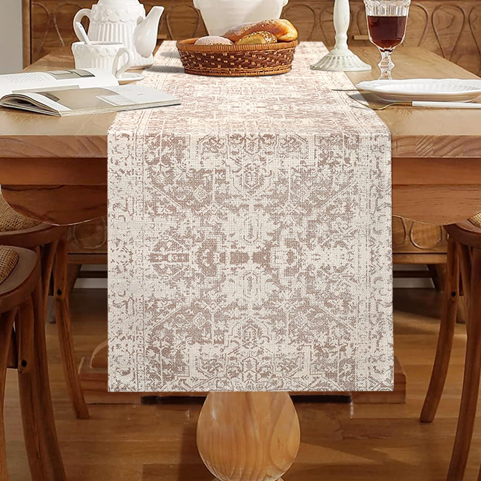 Chicamy Beige Table Runner Boho Vintage Country Style Washable Linen Geometry Turkish Tablecloth - 13 X 72 Inch, Tabletop Decor For Farm