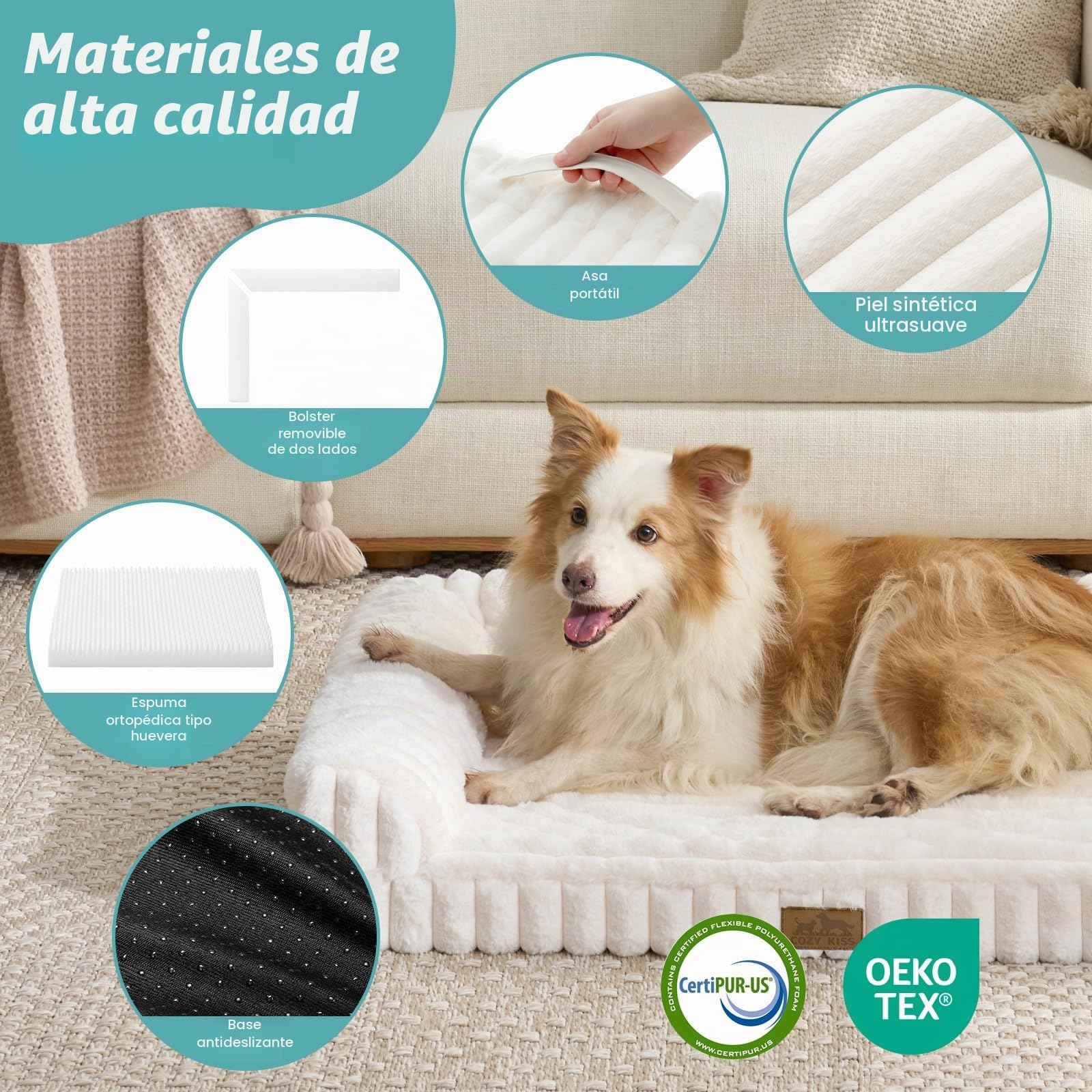 COZY KISS Cama Sofá Ortopédica para Perros Extra Grande XL, Sofá De Pelo Sintético Lavable para Perros Grandes, Cama Antideslizante con Cubierta Impermeable, Suave, Cálido, L, 112x81x18cm, Beige