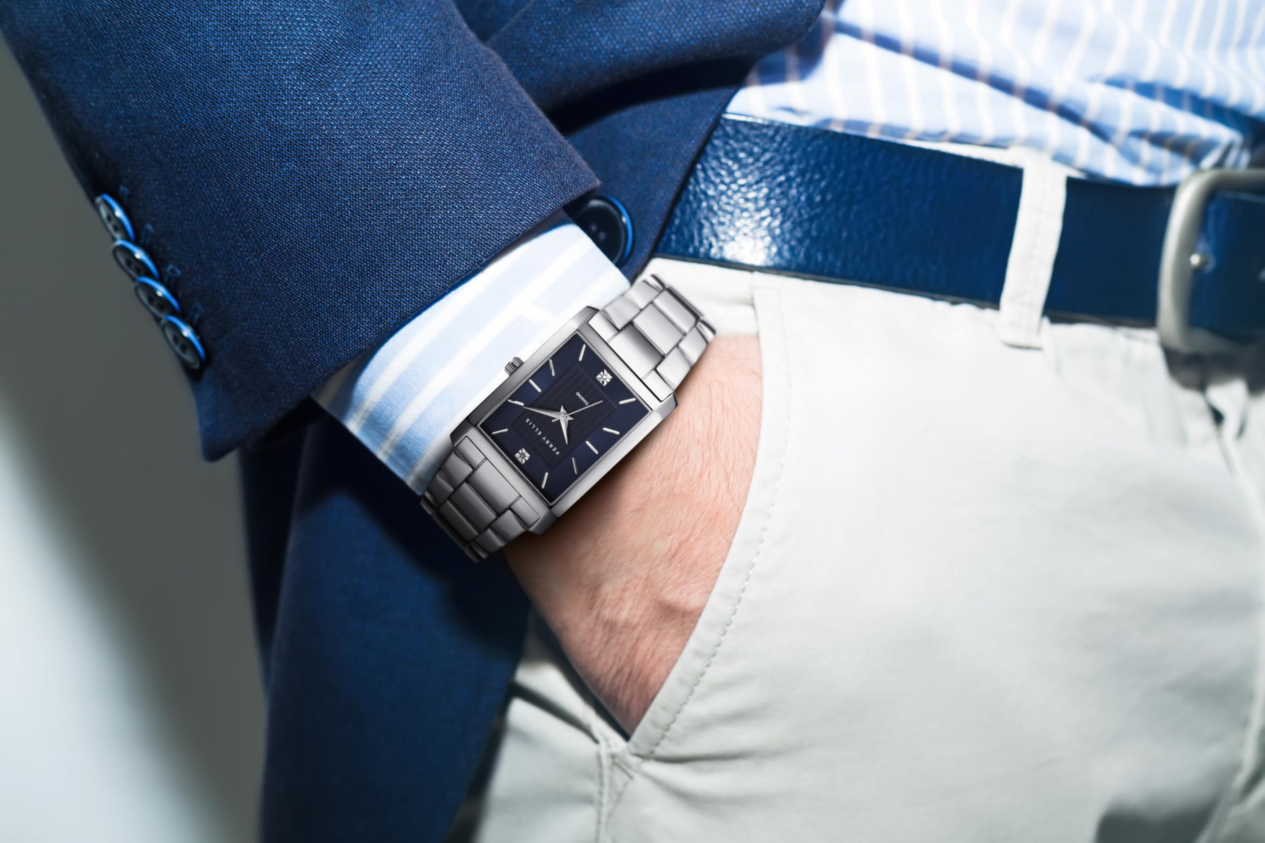 Perry Ellis Men's Watch – Rectangular Silver-Tone, Dark Blue Textured Dial with Diamond Accents, Silver Faceted Indexes, Stretch Bracelet, Quartz Analog Fashion Accessory - 5