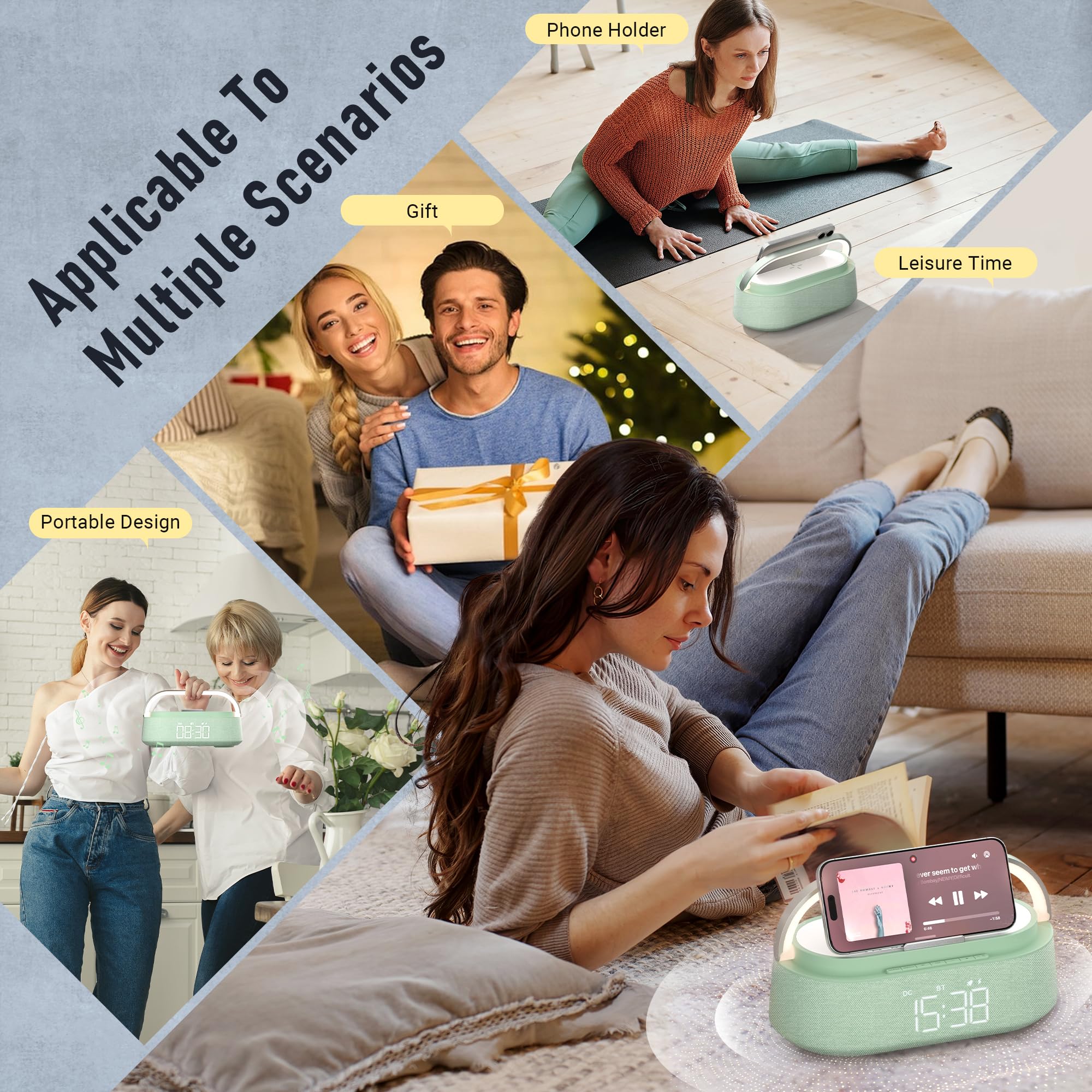 FREEFISH Sveglia con altoparlante Bluetooth con caricabatterie wireless veloce da 15 W, radio FM, luce notturna a LED, orologio di ricarica wireless per camere da letto, ufficio, casa, regali