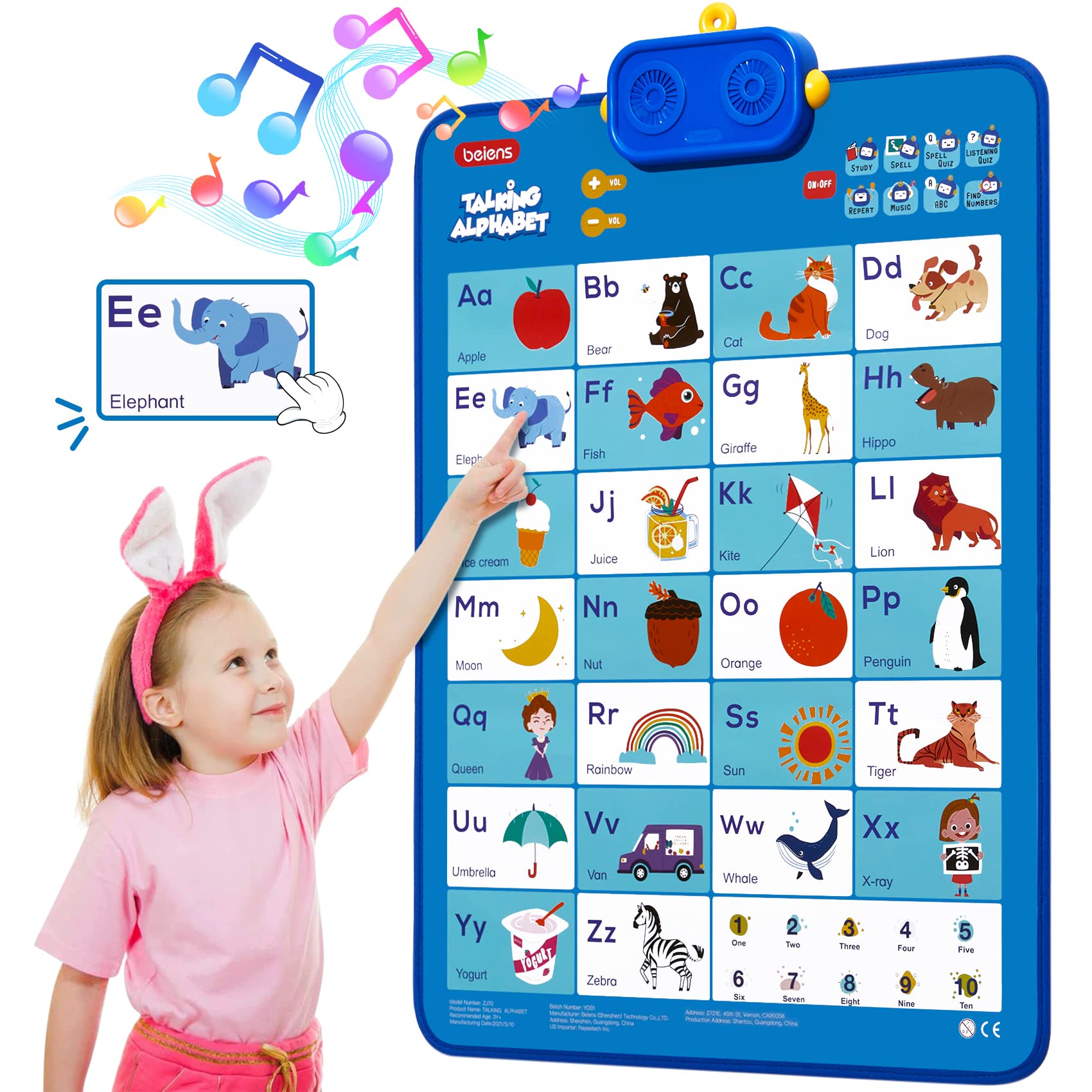 beiens Interactive Learning & Education Toys, ABC 123 Electronic Talking Poster Alphabet Wall Chart for Toddler Kids 2 3 4 5 Year Old Girls Boys Birthday Gifts