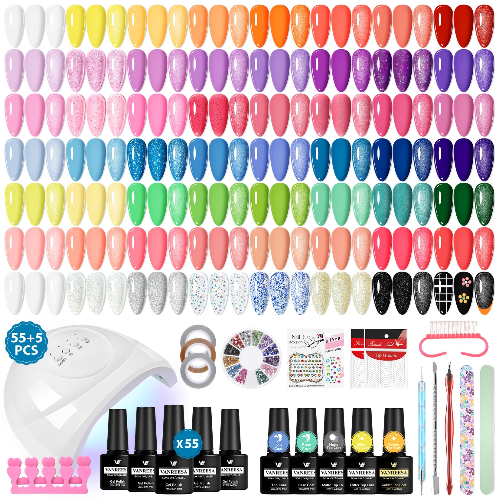 VANREESA U V Nagellack Set, 60 Stück Gel Nägel Set mit 48W U V/ LED Nagellampe 55 Farben U V Nagellack Rosa Gelb Grün Weiß Nägel Selber Machen Set Gelnägel Starterset Geschenk für Frauen
