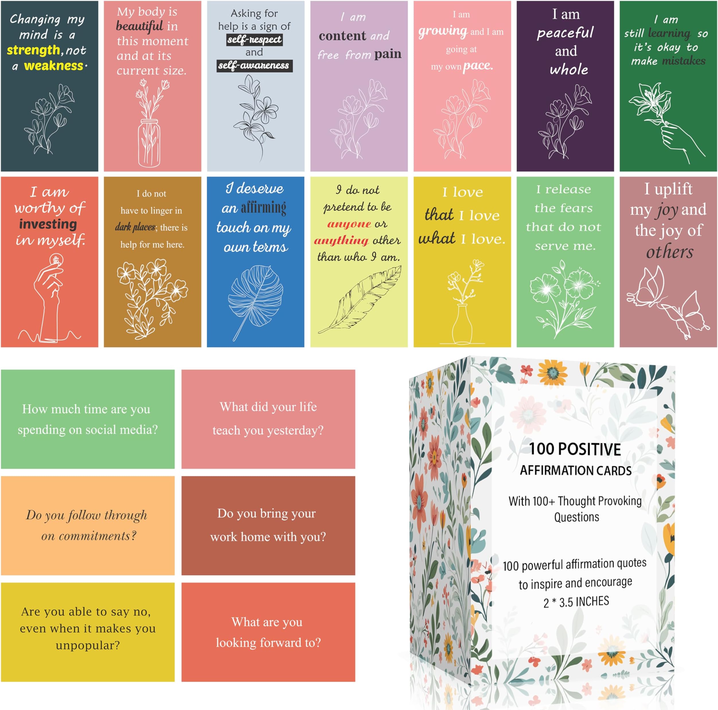 100 Positive Affirmations Cards for Women With Thought Provoking Questions on the Back, Inspirational Daily Affirmation Card for Women Self Care and Meditation, Unique Motivational Gift