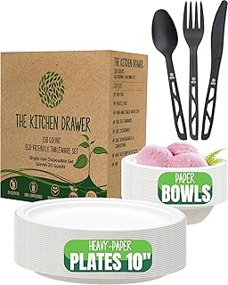 Disposable Compostable Paper Plates and Bowls Set, HEAVY Duty Paper Plates 10 in. Large 7" Eco Friendly Biodegradable Utensils, Plates Bowls Cutlery Compostable Dinnerware Set, Party Picnic Camping
