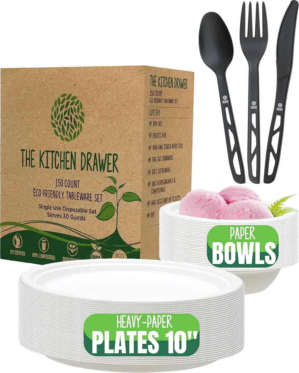 Compostable Paper plates and bowls set - 10-Inch Heavy-Duty Paper Plate Set, Eco-Friendly Disposable Dinnerware set, Incl Biodegradable Plates, Bowls, and Cutlery - Party supplies, Camping, Picnics.