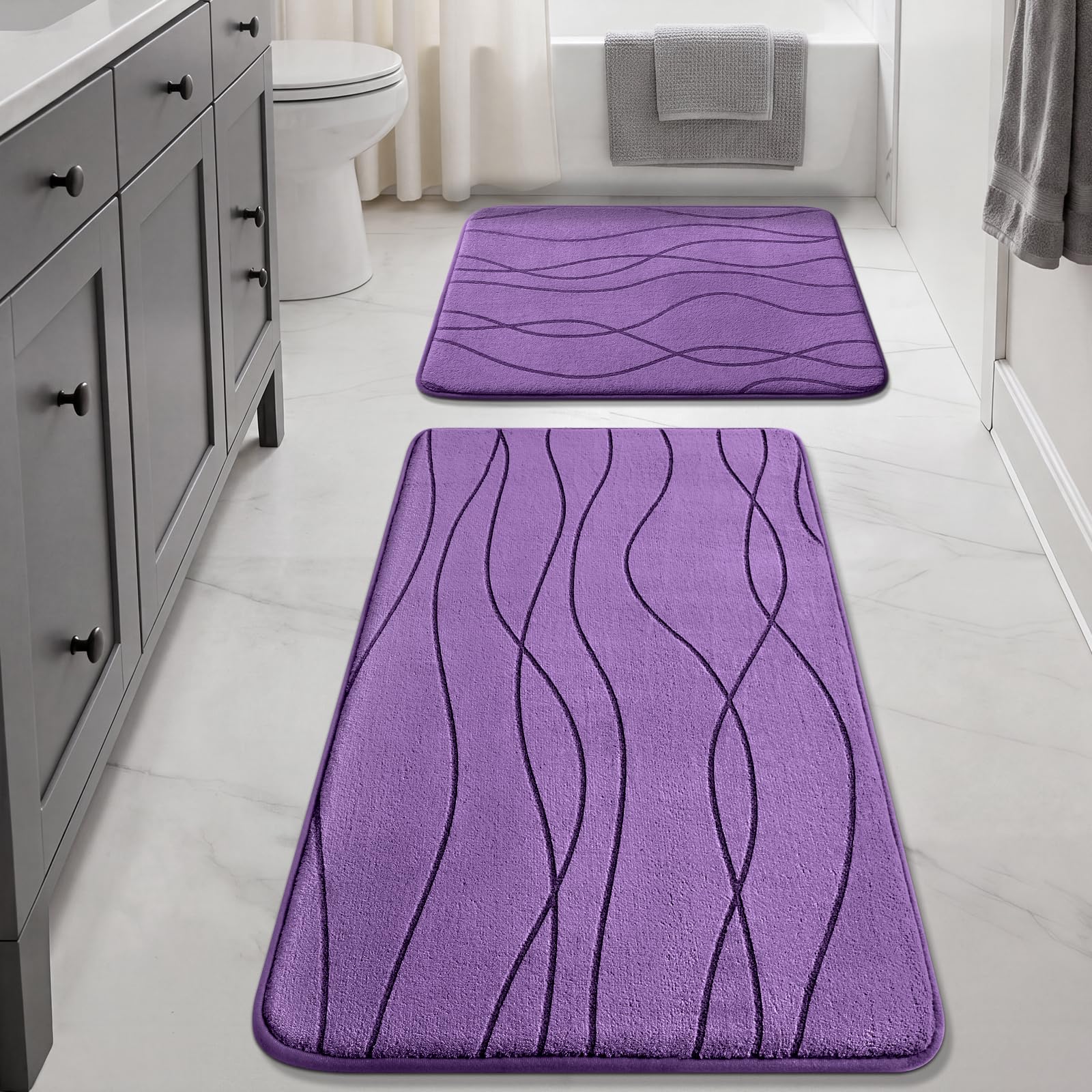 YIHOUSE Bathroom Rugs Set 2 Piece, Memory Foam Bath Mat Purple