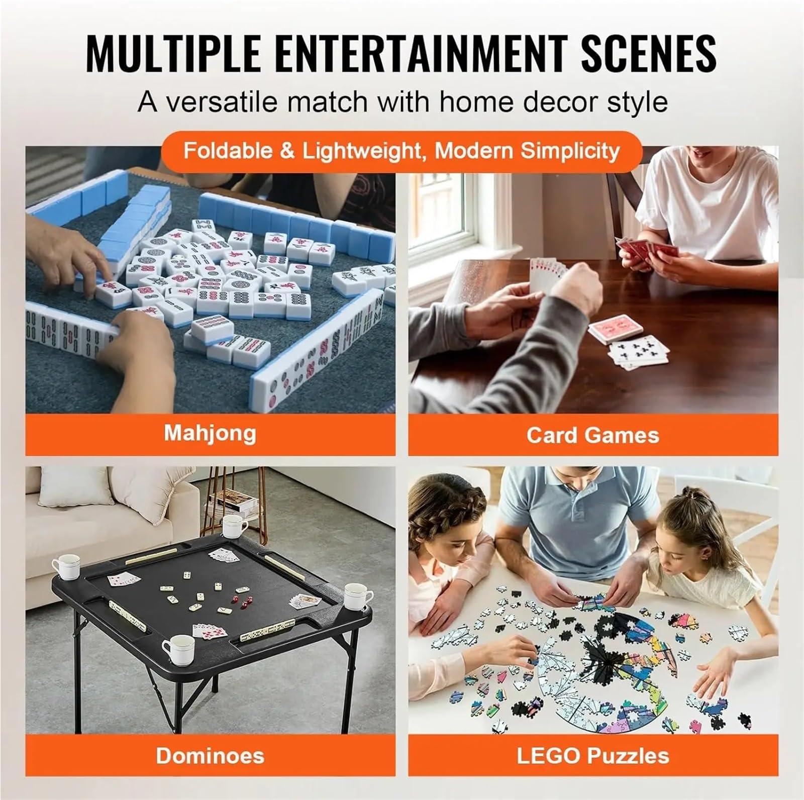 Zusammenklappbarer Mahjong-Tisch Mahjong-Tisch, quadratisch, Klappkarte for 4 Spieler, mit Getränkehaltern, Chip-Tabletts und 1 Satz Dominosteine